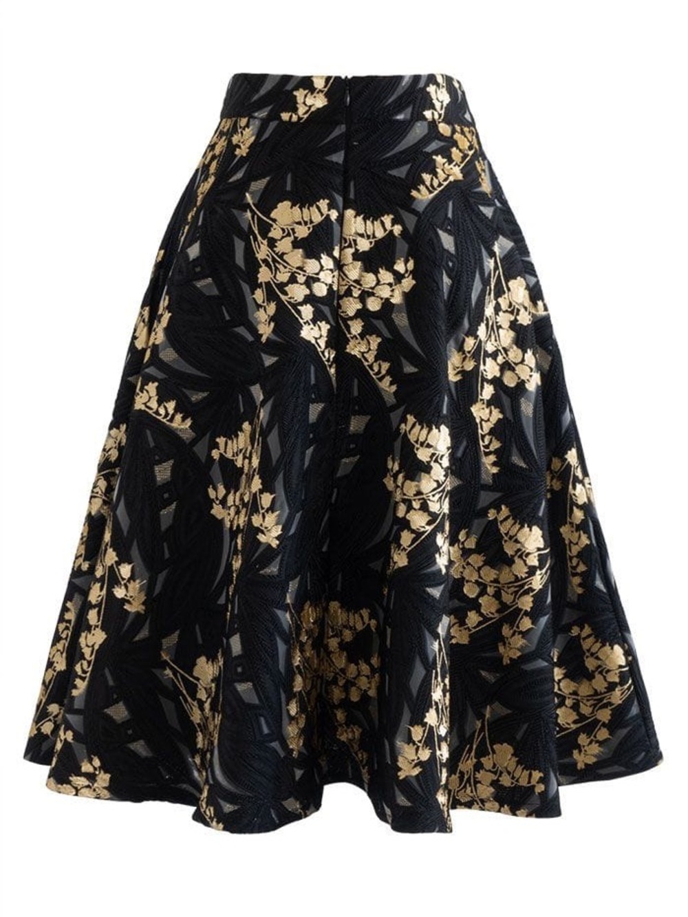Chicwish Harebell Black Gold Embroidered Floral Jacquard A-line Midi Flare Skirt - Picture 3 of 6